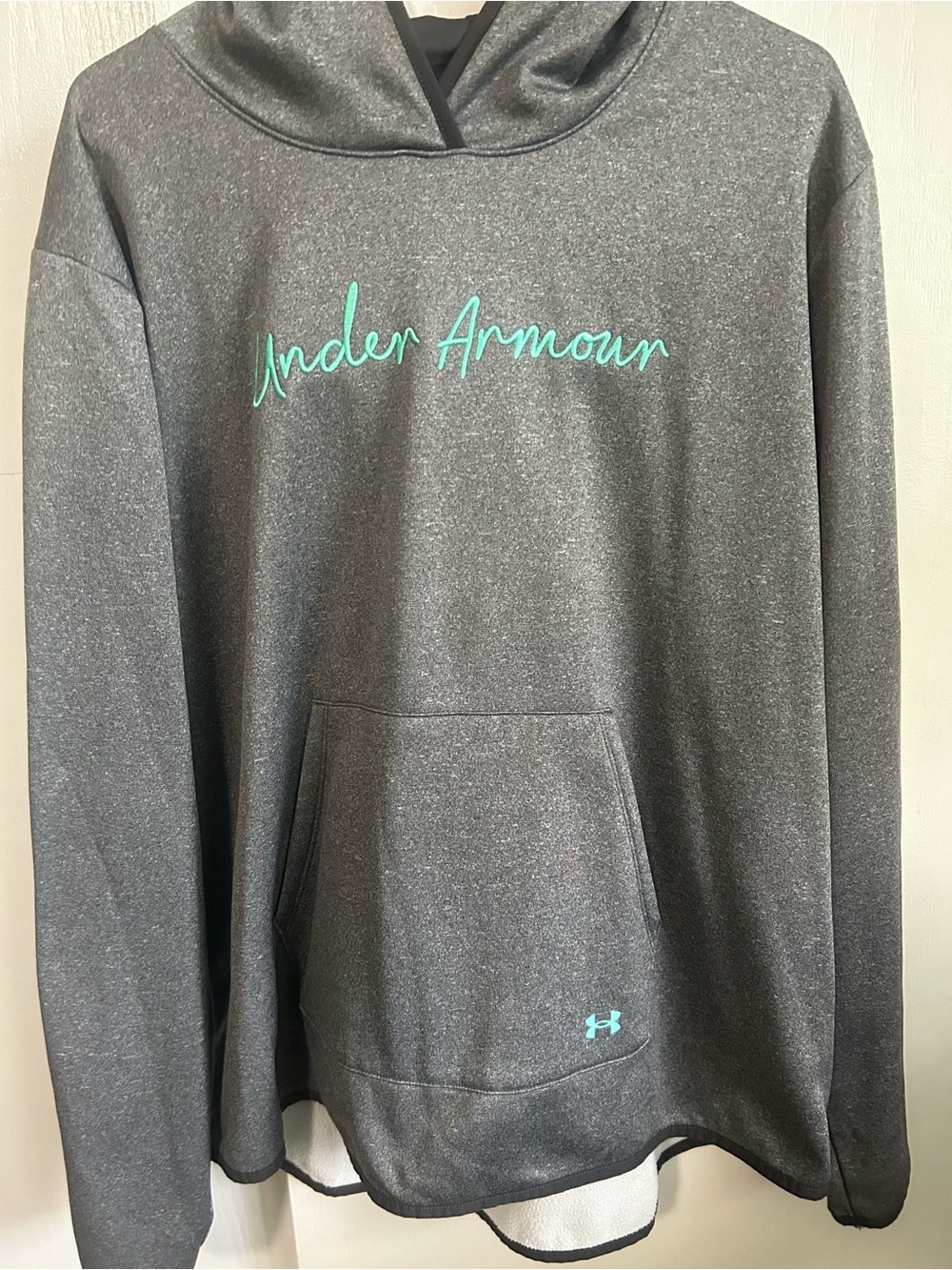 Under Armour Heather Charcoal Hoodie with Teal Script Logo